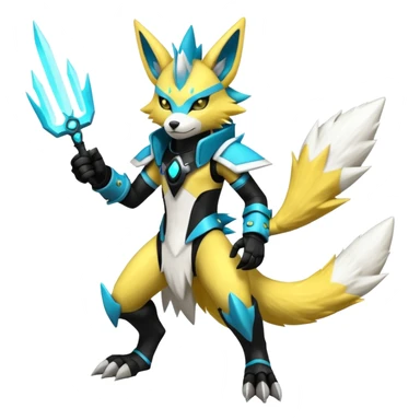 Shiny badass cool edgy spikey fluffy realistic cyan yellow white electric complex futuristic Zeraora-Renamon-Lombax-Electrike-Umbreon-Manectric-Weregarurumon-fusion-creature (full body) wearing black gauntlets sticker
