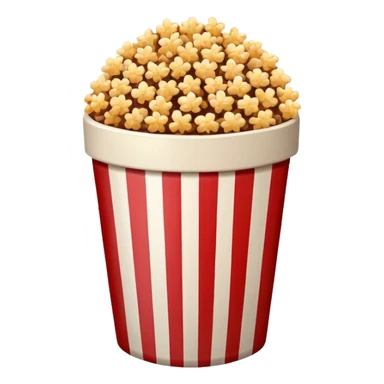 brown popcorn in a paper jar with red and white vertical lines sticker