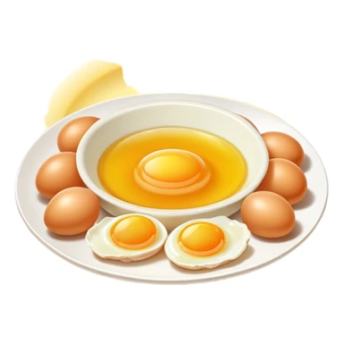 Chicken, cod liver oil, and egg yolks surrounded by a gentle golden radiance symbolizing vitamin A. The foods float in a pleasant arrangement with a subtle glow showing their nutritional benefits. sticker