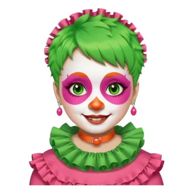 Bright green short hair.

White face paint with green eye makeup and a red nose.

Big wide smile.

Wearing a pink ruffled collar with an orange outfit. sticker