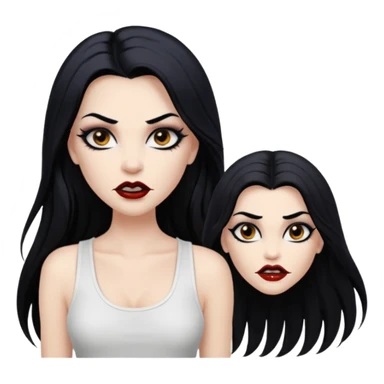 White woman with a white tank top long black hair glossy middle part long hair vamp look with fangs brown eyes eyeliner winged with lashes top and bottom white border big lips black eyebrows sticker