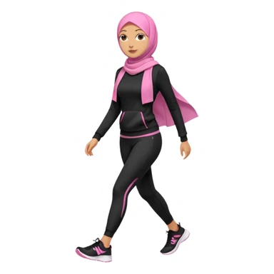 tan skin, hijabi young women in pink hijab, going for walk in black active wear clothing full body, walking  sticker