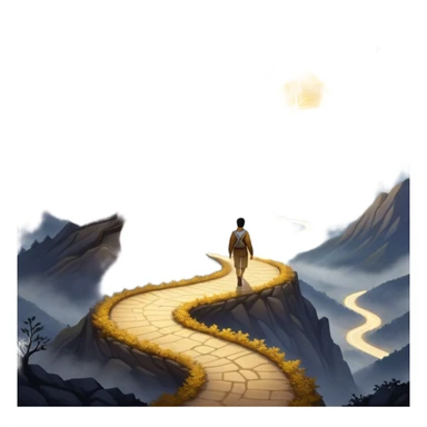 A man walks a winding path from a dark, foggy landscape filled with shadows toward a glowing mountaintop. A light grows in his chest as he follows his intuition. Along the way, he passes symbols of ambition and emptiness, until he reaches a golden tree under a starry sky, and ready to uplift others. sticker