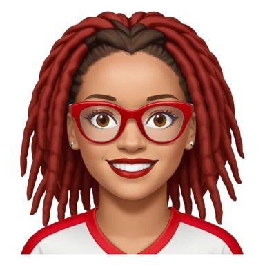 Rihanna with freckles and soccer mom dreadlocks are dark brown and wearing  red and white jersey and cateye eyeglasses big smile sticker