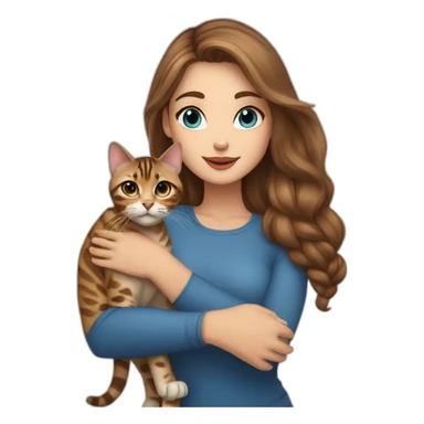 a beautiful girl with brown hair and blue eyes holds a Bengal cat in her arms sticker