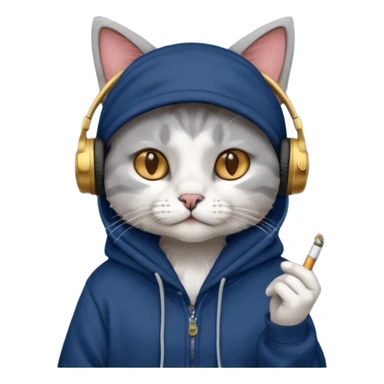 cat in headphones, in a dark-blue oversized hoodie with a cigarette in his hand  sticker