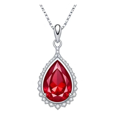 teardrop ruby pendant with fiery light, tiny phoenix feather emerging, haloed by shimmering white stones, silver chain like liquid moonlight sticker