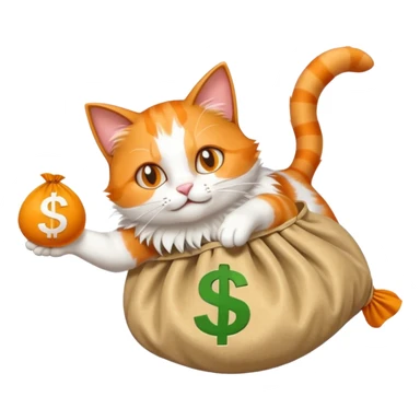 energetic cat diving into a classic money bag with visible dollar sign, modern twist, emoji style sticker