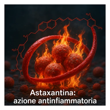 hyper realistic red astaxanthin molecule protecting inflamed cells, red molecule wrapping cells with flames, scientific atmosphere, realistic details, text 'Astaxantina: azione antinfiammatoria' sticker