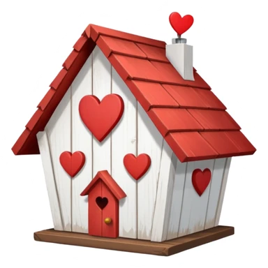 a birdhouse with a red roof with the rest white and a heart at the top but below the roof sticker