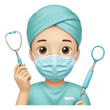 Tooth character wearing a medical face mask, holding dental equipment, clean flat illustration, simple emoji design, suitable for Canva.” sticker