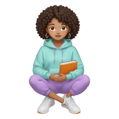 Black girl, clean girl aesthetic, 4C curly hair in a puff, pastel hoodie, white sneakers, minimal jewelry, soft smile, cozy vibe, bright colors, Apple-style she is studying  sticker
