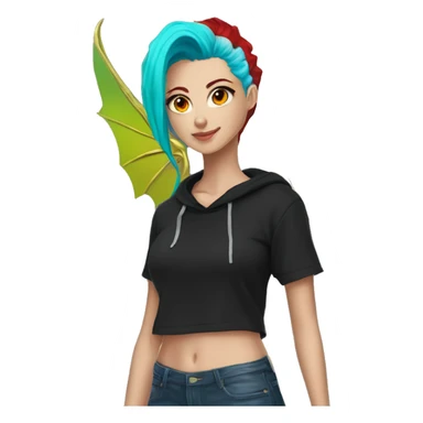 Lady with brunette and iridescent blue hair, gold, lime green dragon wings, black hoodie, bleach dyed, black and gold Nike t shirt, and bright red eyes sticker