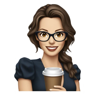 Hyper Realistic Kate Beckinsale dark blue eyes wearing glasses in a business dress drinking coffee happy  sticker