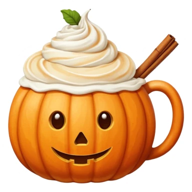 Round pumpkin-shaped mug with whipped cream swirl and one cinnamon stick, warm orange and cream tones. sticker