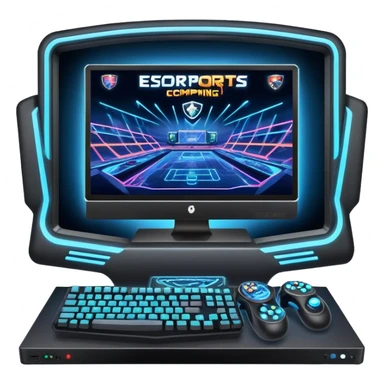 An icon featuring a gaming monitor displaying an intense esports competition, with players' hands on controllers and keyboards. A digital scoreboard and glowing energy lines surround the scene, symbolizing the excitement of competitive gaming. Transparent background highlights the world of esports. sticker