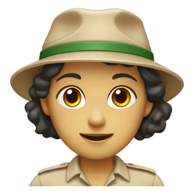female zookeeper, wearing a plain beige shirt and a plain dark cap. on the beige shirt, there is a small logo, that looks like a yellow square with a dark green border with a happy face sticker