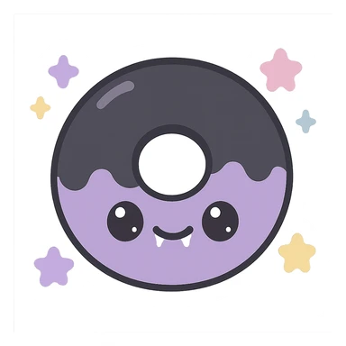 kawaii style gothic donut, adorable expression, black and purple glaze, small fangs, pastel stars, fun and gothic sticker