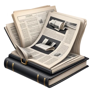 Icon for Non-Fiction & Narrative Reading: an open book with black-and-white photos on the pages, surrounded by a pile of newspaper clippings, and an open folder with top-secret documents. The icon should reflect the blend of real stories and facts in non-fiction literature. Transparent background. sticker