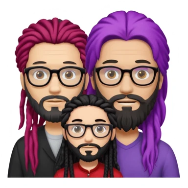 Man with long hair, glasses and Beard, next to man in black dreadlocks with red accent, woman in glasses with violet and black hair in the middle sticker