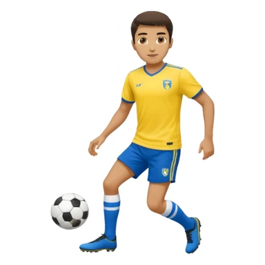 Persian soccer player in full soccer team kit with a yellow top, blue shorts and white socks, no soccer ball sticker