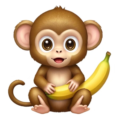 extremely adorable kawaii baby monkey with huge sparkly eyes peeling a banana sticker