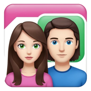 pink polaroid photo of a couple thats white with long brunette hair blue eyes and a white guy with short brunette hair and green eyes sticker