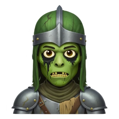 A black male with long black rough hair wearing a knight helmet with green zombie skin sticker