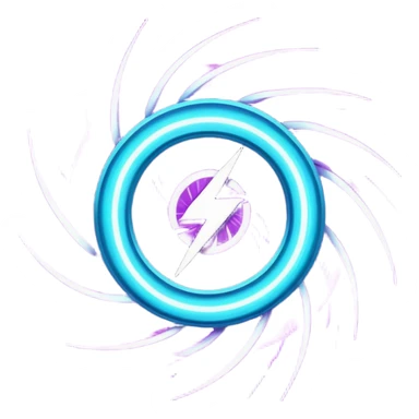 futuristic minimalistic logo icon, abstract glowing storm swirl made of neon purple (#8B5CF6) and cyan (#00E0FF) lines, representing Storm team energy and speed, digital lightning core, dark background, no face, tech-style emblem, 1:1 aspect ratio sticker