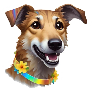  brindle brown black maroon striped lurcher Alsatian fox running blue eyes and iridescent holographic oilslick harness wearing paper iridescent tropical flower crown yellow caution tape sticker