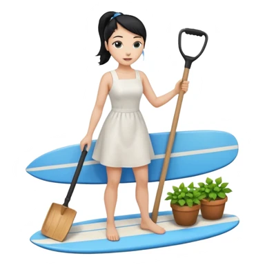 Princess who wearing white dress (woman) black ponytail hair holding her cellphone and  one garden shovel with another hand. She is standing on her feet, there is one blue surfing board under her feet. She is looking at her phone sticker