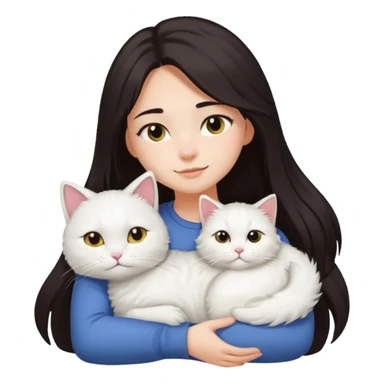 a girl with long dark hair and a white fluffy cat lying on her left shoulder and neck, emoji style, suitable for Discord and Slack sharing sticker