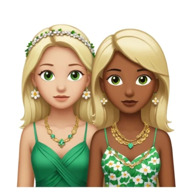 There will be two young women. One with dark brown skin, brown eyes, blonde hair, wearing a lot of necklaces and earrings. The other woman with green eyes, white skin, blonde hair, wearing a necklace and earrings, both wearing flowery dresses. sticker