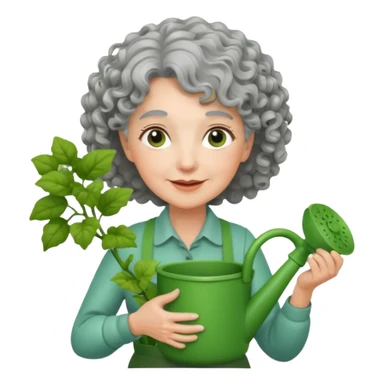 Older female florist – curly hair, hold garden watering pot sticker