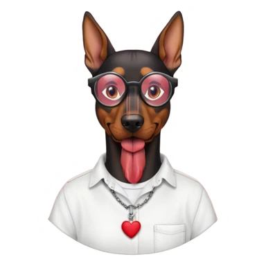 Generate a emoji of a big evil doberman dog with red eyes and a tongue sticking out, give the doberman a human body with a white shirt and baggy jeans, make the doberman have ear piercings and a septum ring, make the dog have black circular glasses with a red tint sticker