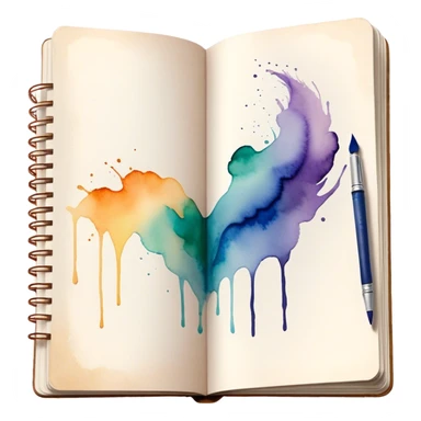 Cinematic Realistic image of an open sketchbook accompanied by a set of translucent watercolors, with delicate pigment stains and soft, flowing brushstrokes, captured under gentle, diffused lighting that highlights creative fluidity sticker