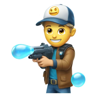 Caucasian boy in glowing gear with mask and hat and shooting a bubble gun sticker