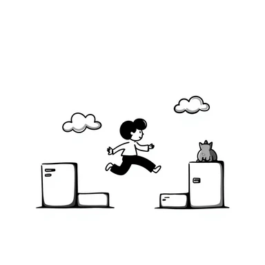 pixel art of a retro side-scrolling video game scene with blocks, platforms, clouds and a character jumping, 8-bit Game Boy style sticker