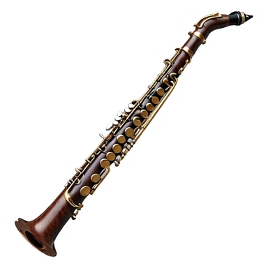 Create a detailed and unique emoji representing a clarinet with a saxophone-style mouthpiece. The design should feature the sleek, dark wood finish of the clarinet, with its shiny metal keys clearly visible, but at the top, include the large, curved mouthpiece typical of a saxophone. The mouthpiece should have a reed, similar to the one used in a saxophone, with subtle details to indicate its function. Use dark wood tones for the body of the instrument and silver or brass accents for the keys. Add small musical notes or soundwaves around the instrument to evoke its smooth, melodic sound. The background should be transparent sticker