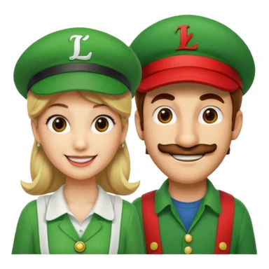 blonde female Luigi (with the Luigi green hat with an L on it) and a normal brown hair male Mario with the red hat with a M on it. They are friends just smiling sticker