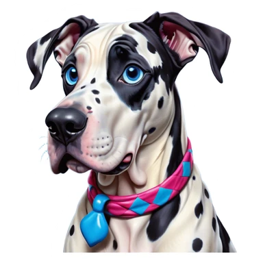Cinematic Comical Harlequin Great Dane Portrait Emoji, Head tilted dramatically with an exaggeratedly shocked or amused expression, featuring a striking coat of predominantly white with vivid black patches, wide, expressive blue eyes filled with playful disbelief, Simplified yet hilariously expressive features, highly detailed, glowing with a slightly sassy glow, high shine, dramatic yet playful, stylized with an air of cheeky charm, bright and endearing, soft glowing outline, capturing the essence of a spirited and over-the-top guardian, so meme-worthy it feels like it could side-eye its way into internet fame instantly! sticker