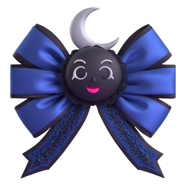 3D emoji gothic bow, midnight blue satin, silver crescent moon, black lace trim, mysterious and elegant sticker