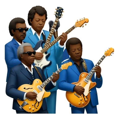 Icon for Blues Music: close-up collage of legendary blues artists. Gary Moore, Eric Clapton, B.B. King and Joe Cocker. Represented by silhouettes or symbolic items like guitars, microphones, or music notes, reflecting the soulful energy of blues music. Transparent background. sticker