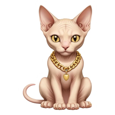Sphynx cat full body sitting with a gold chain, one eye closed sticker