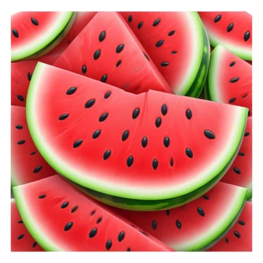 Cinematic juicy watermelon, thick slices revealing vibrant red interior, glossy and glistening with tiny black seeds, fresh and refreshing, soft glowing background, summer vibes. sticker