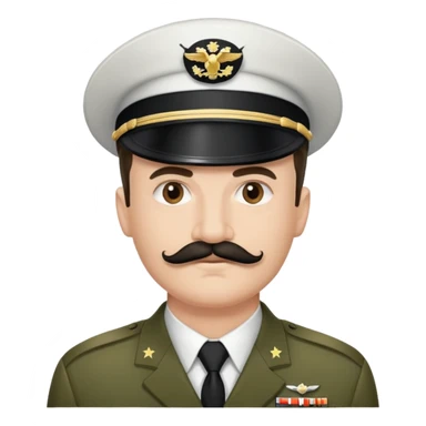 Military man with a very small black moustache. His hairline goes straight from left to right. He doesn’t wear a hat sticker