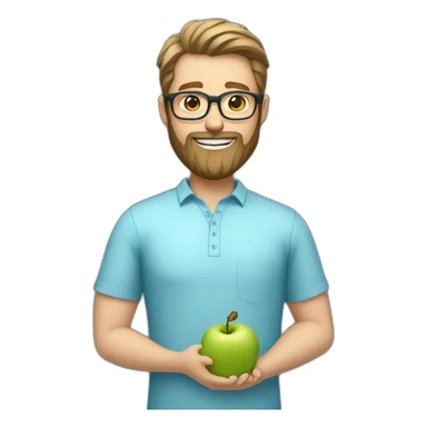 A male nutritionist with a full beard and dark blonde hair and white skin and glasses holding an apple in his hand. Who has a light blue shirt on. sticker
