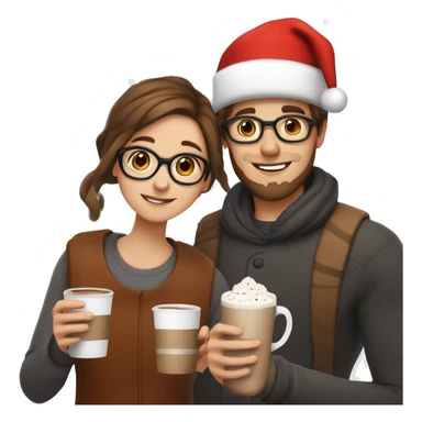 boy with brown hair and beard, brown eyes and square-rounded shaped glasses, and girl with white skin, brown straight hair and santa hat, both holding a white cup with hot chocolate sticker