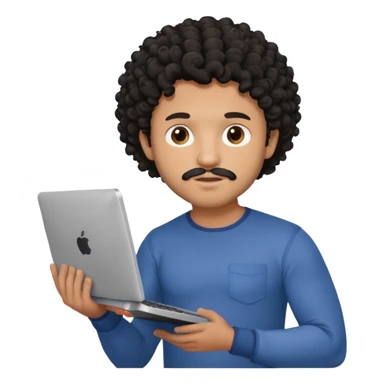men holding his computer in hands. light brown skin men with curly black hair, dark brown eyes, little grown beard. ust a tiny bit muscular. dressed casual. round face. sticker