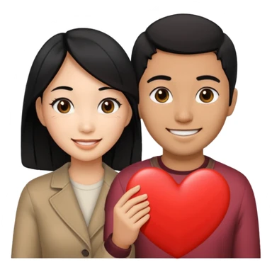 Asian Woman with black hair black eyes, brown man with black hair black eyes, and love heart sticker